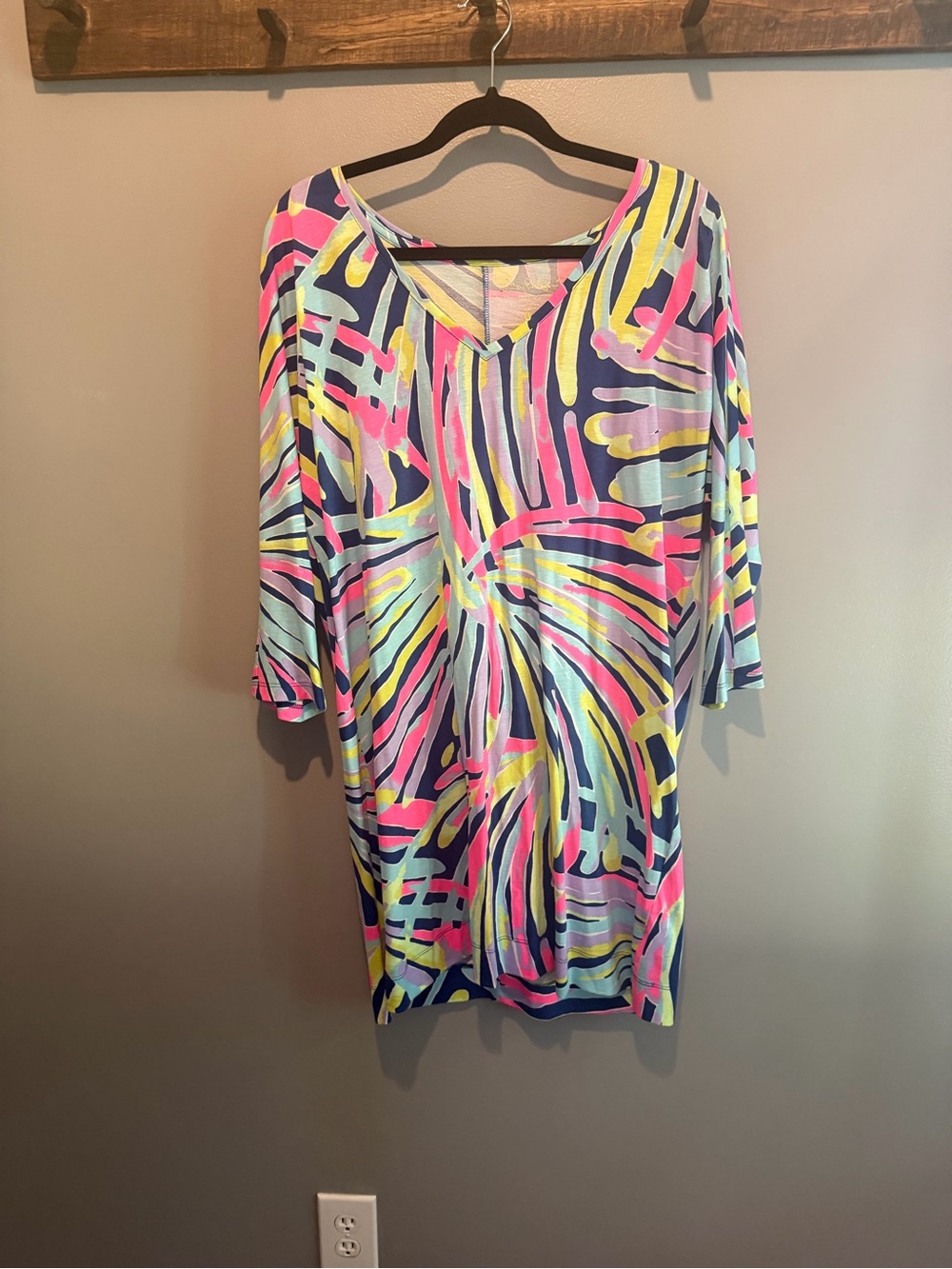 Lilly Pulitzer Neon Palm-Print V-Neck Dress in Pink, Yellow, Blue